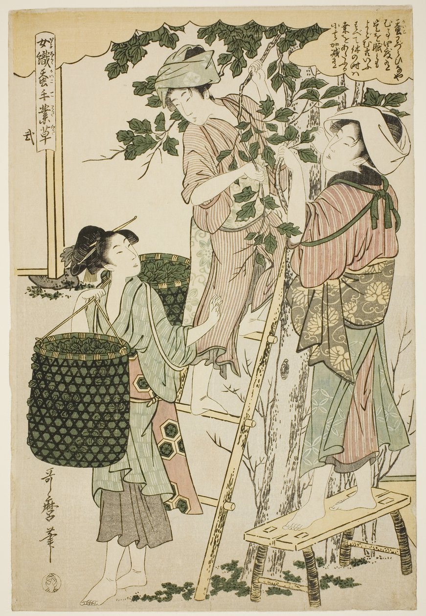 Nr. 2 (ni), aus der Serie "Frauen in der Seidenraupenzuchtindustrie beschäftigt" von Kitagawa Utamaro