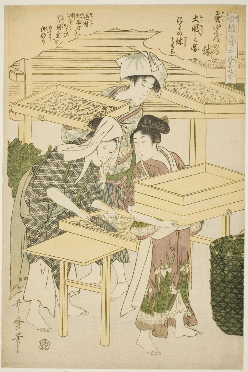 Nr. 4 (shi), aus der Serie "Frauen in der Seidenraupenzucht" von Kitagawa Utamaro
