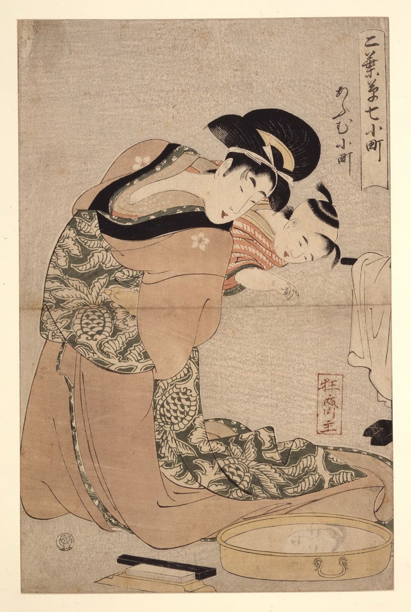 Omu Komachi Papagei Komachi, aus der Serie Sieben Komachi der Vergnügungsviertel von Kitagawa Utamaro