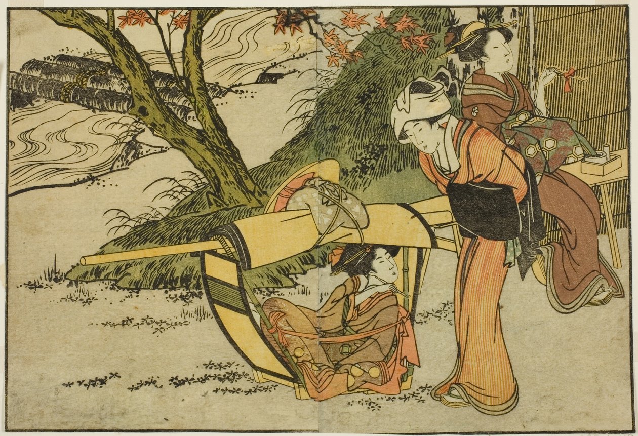 Ausflug zur Besichtigung von Ahornbäumen im Herbst, aus dem illustrierten Buch "Bilderbuch: Blumen der vier Jahreszeiten (Ehon shiki no hana)," Bd. 2 von Kitagawa Utamaro