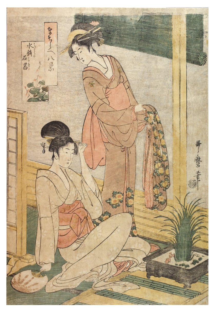 Kalmus und Felsen in einem Wasserbecken aus der Serie Nachahmungen der Acht Ansichten, ca. 1797-1798 (Holzschnitt auf Papier) von Kitagawa Utamaro