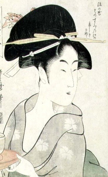 Büste einer Frau, die eine Teetasse hält, aus der Serie `Meisho Koshikake Hakkei` von Kitagawa Utamaro