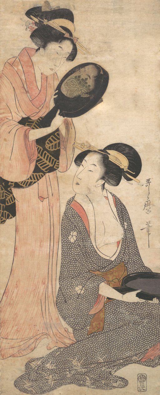 Zwei Damen, jede mit einem Teil eines lackierten Spiegels von Kitagawa Utamaro