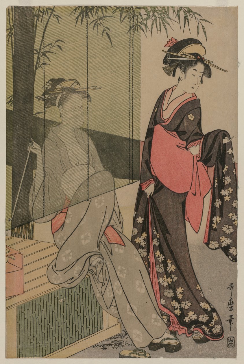 Zwei Frauen hinter einem Bambusvorhang, um 1797 oder 1798 von Kitagawa Utamaro
