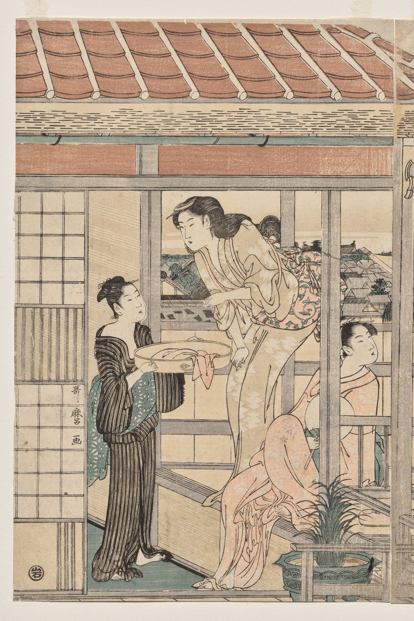 Frauen, die Wäsche auf einem Balkon zum Trocknen aufhängen von Kitagawa Utamaro