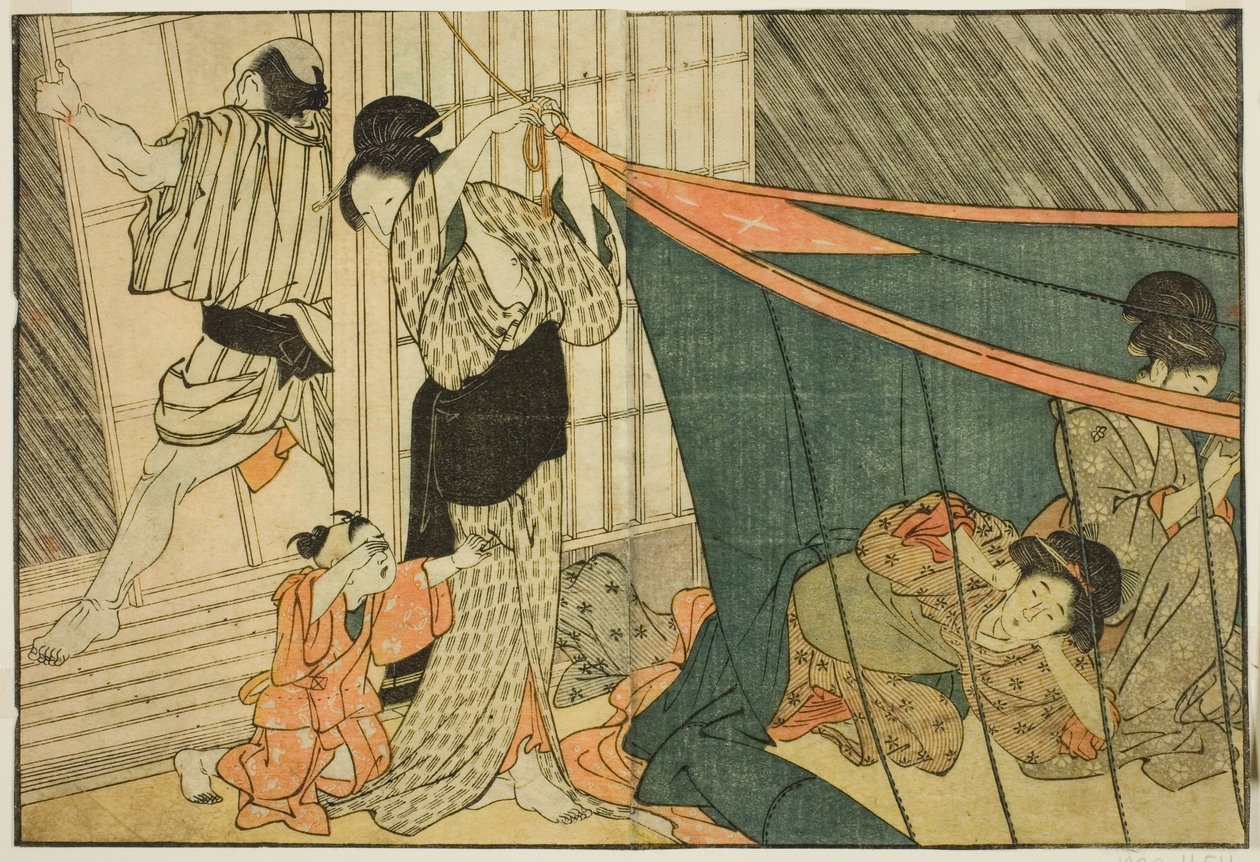 Frauen in einem Moskitonetz während eines Gewitters, aus dem illustrierten Buch "Bilderbuch: Blumen der vier Jahreszeiten (Ehon shiki no hana)," Bd. 1 von Kitagawa Utamaro