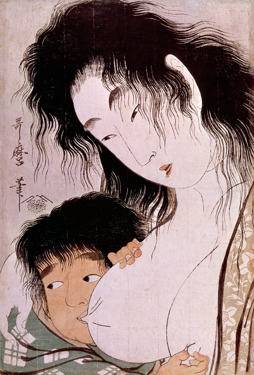 Yamauba und Kintaro: die tetee. Japanischer Druck von Utamaro Kitagawa. Paris, Guimet Museum, Nationalmuseum für Asiatische Kunst von Kitagawa Utamaro