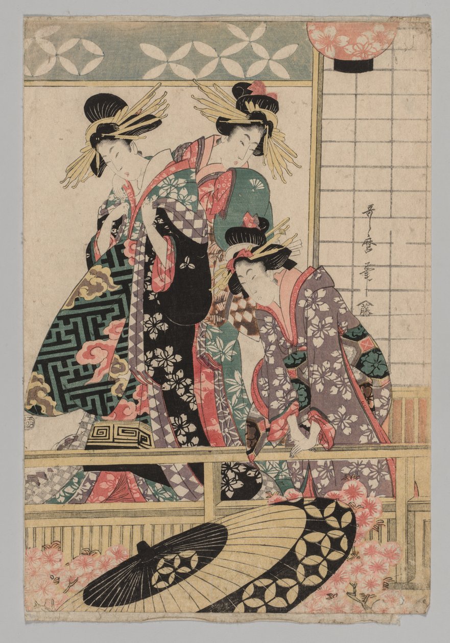 Yoshiwara-Frauen schauen im Frühling auf die Straße von Kitagawa Utamaro