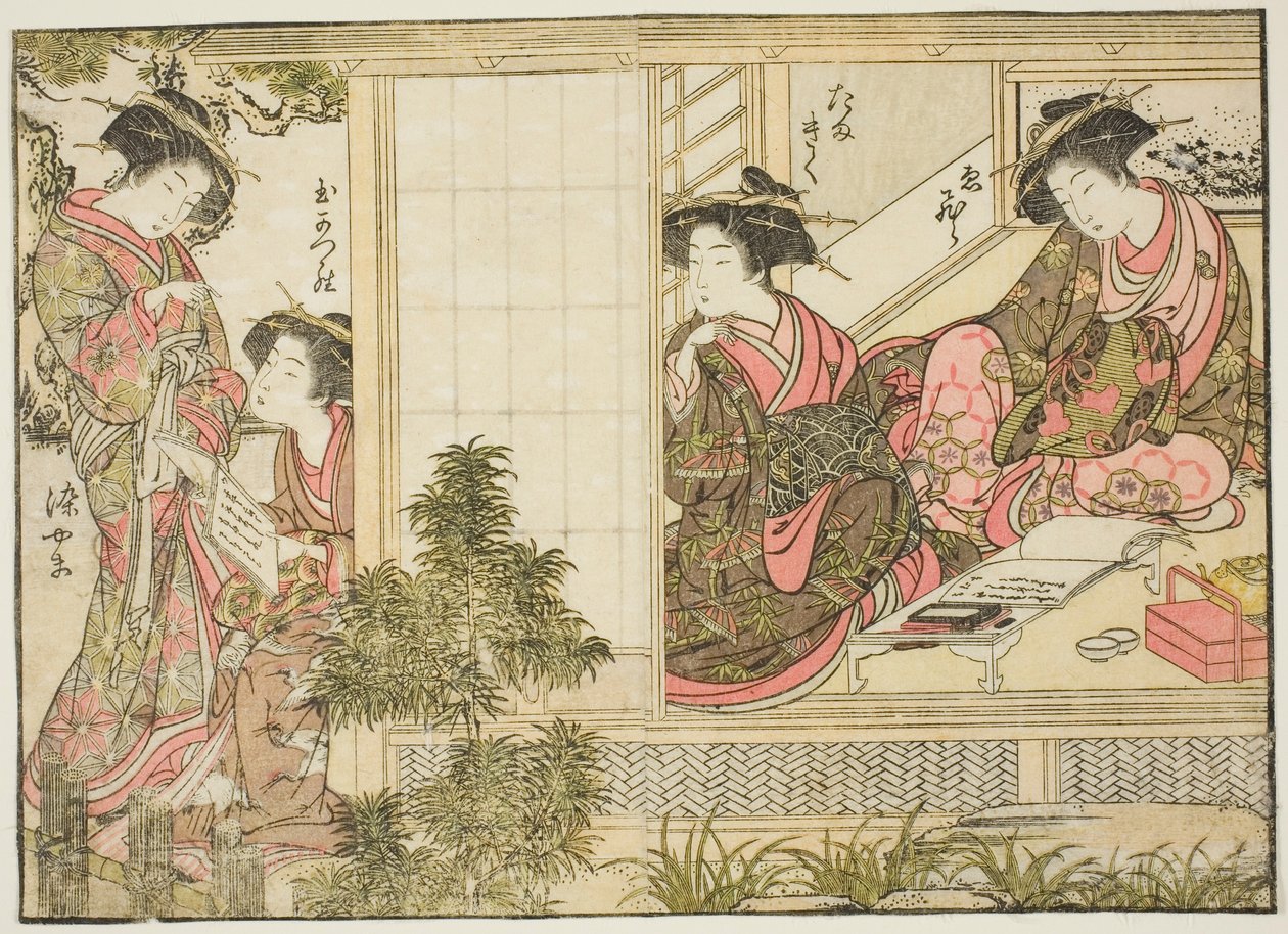 Kurtisanen von Oebuji, aus dem Buch "Spiegel der schönen Frauen der Vergnügungsviertel (Seiro bijin awase sugata kagami)," Bd. 2 von Kitao Shigemasa