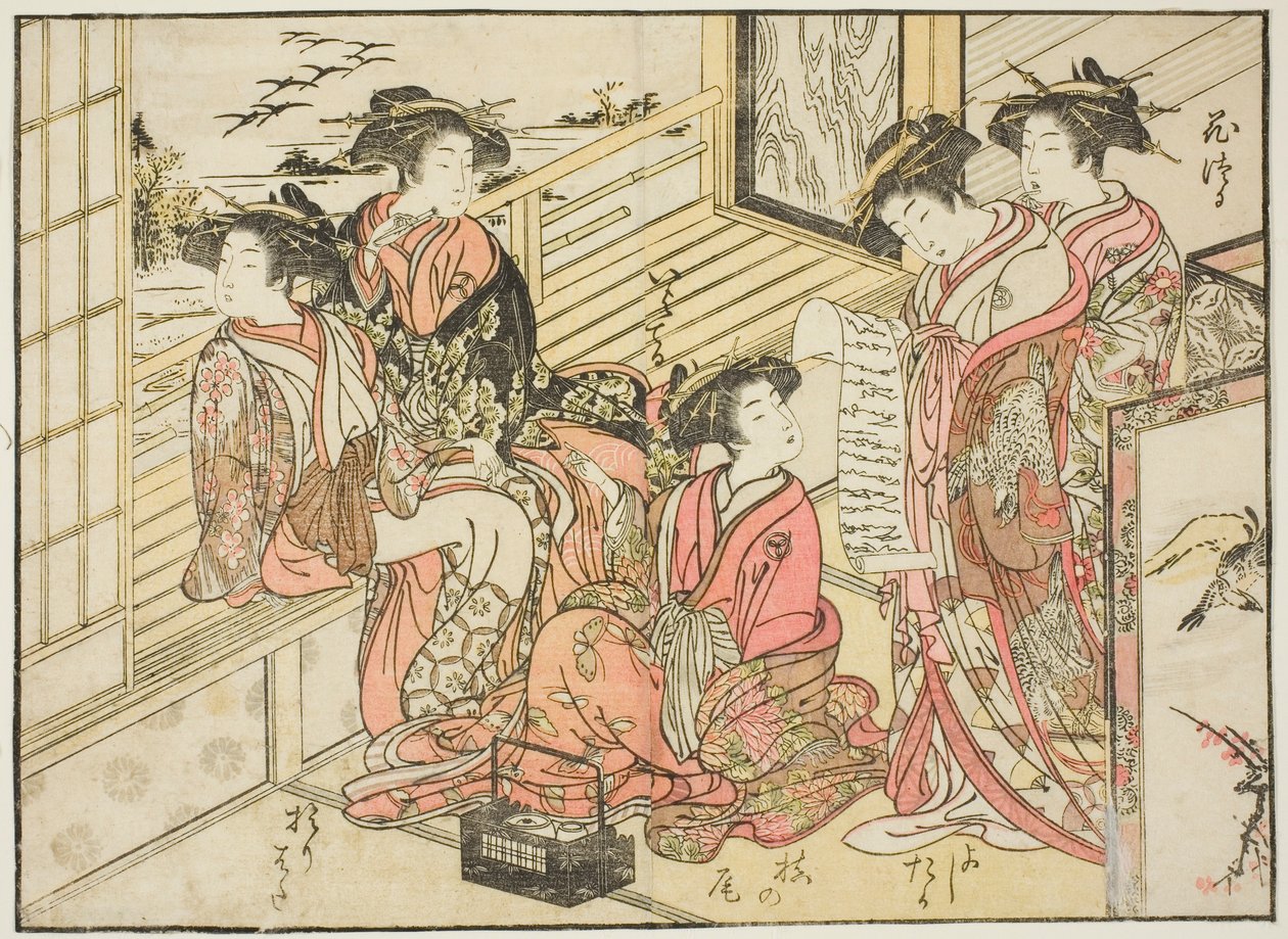 Kurtisanen von Okamoto, aus dem Buch "Spiegel der schönen Frauen der Vergnügungsviertel (Seiro bijin awase sugata kagami)," Bd. 2 von Kitao Shigemasa