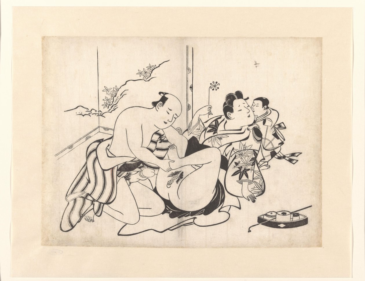 Erotische Darstellung mit Rauchutensilien und Paravent von Kiyonobu (I) , Torii