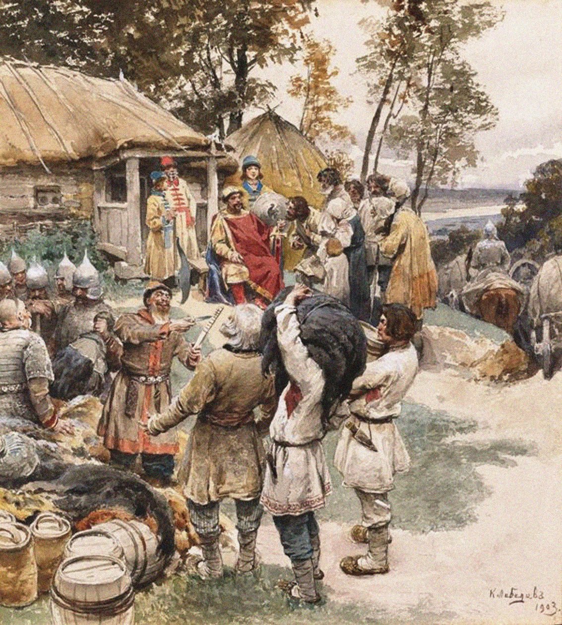 Poliudie Tribut sammeln. Igor von Kiew fordert Tribut von den Drewljanen, 1903 von Klavdiy Vasilievich Lebedev