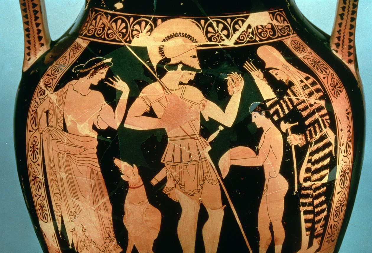 Attische rotfigurige Vase, die einen Soldaten zeigt, der an einem Wahrritual vor dem Kampf teilnimmt, 490-480 v. Chr. von Kleophrades Painter