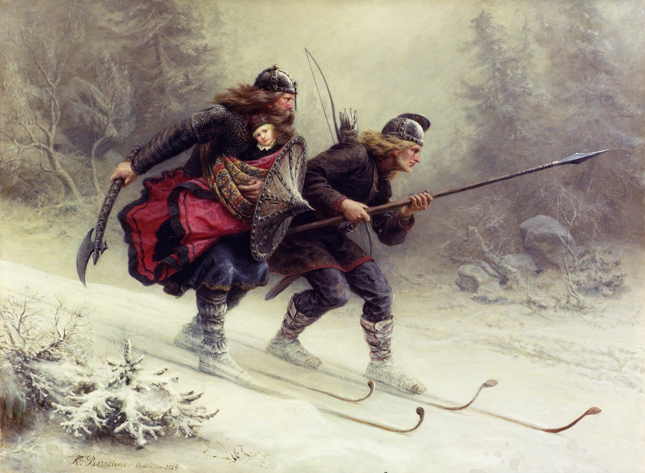 Soldaten für den norwegischen König Sverre, Torstein Skevla und Skjervald Skrukka tragen den Königssohn Hakon Hakonsson von Knud Bergslien