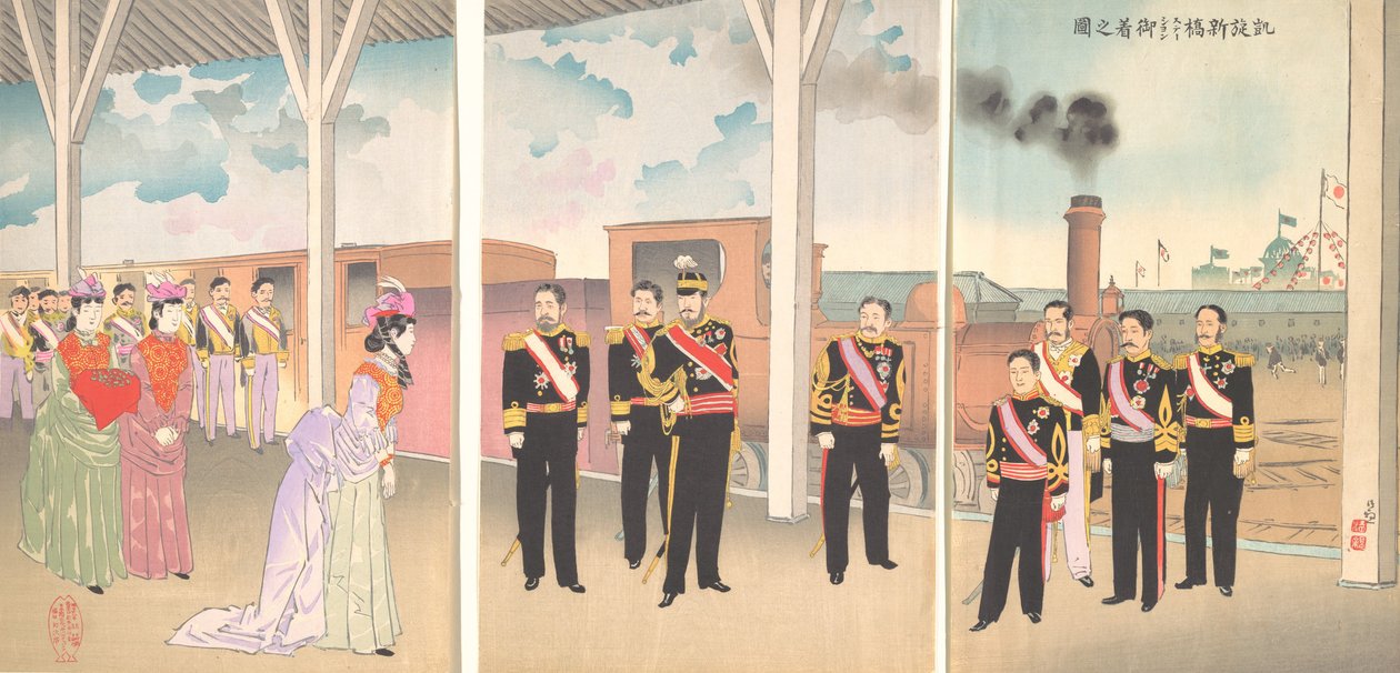 Illustration der Ankunft des Kaisers am Bahnhof Shinbashi nach einem Sieg Gaise..., 1895 von Kobayashi Kiyochika