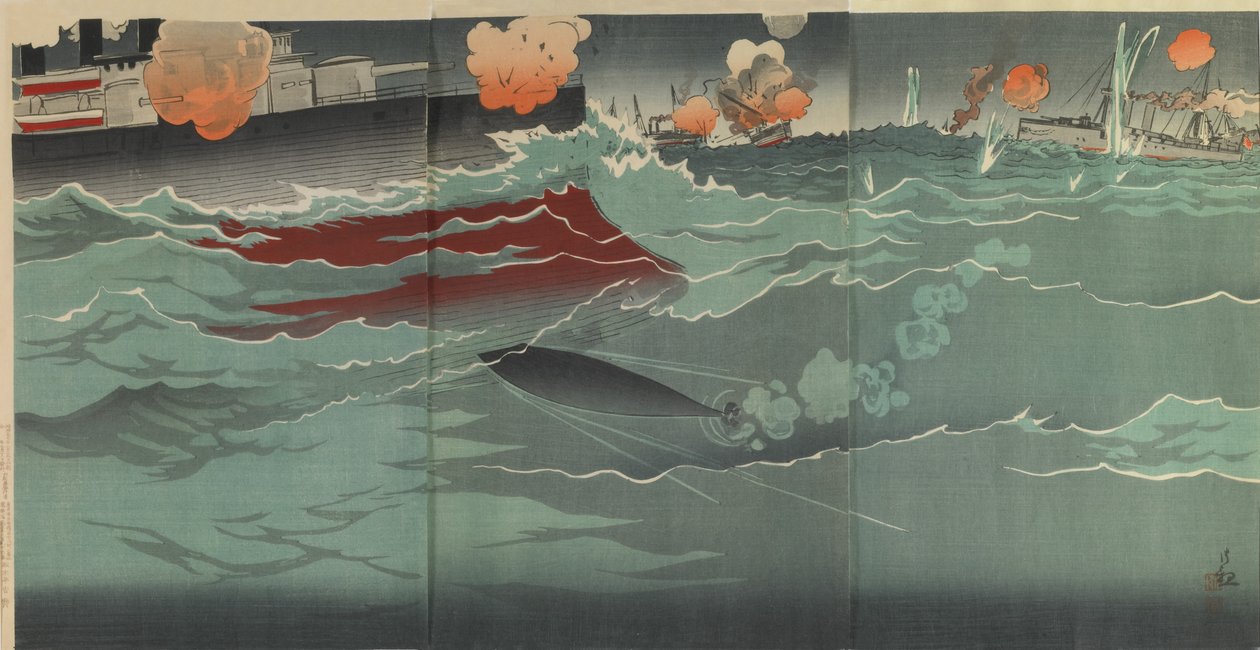 Unser Torpedo trifft ein russisches Kriegsschiff in der großen Seeschlacht von Port Arthur von Kobayashi Kiyochika