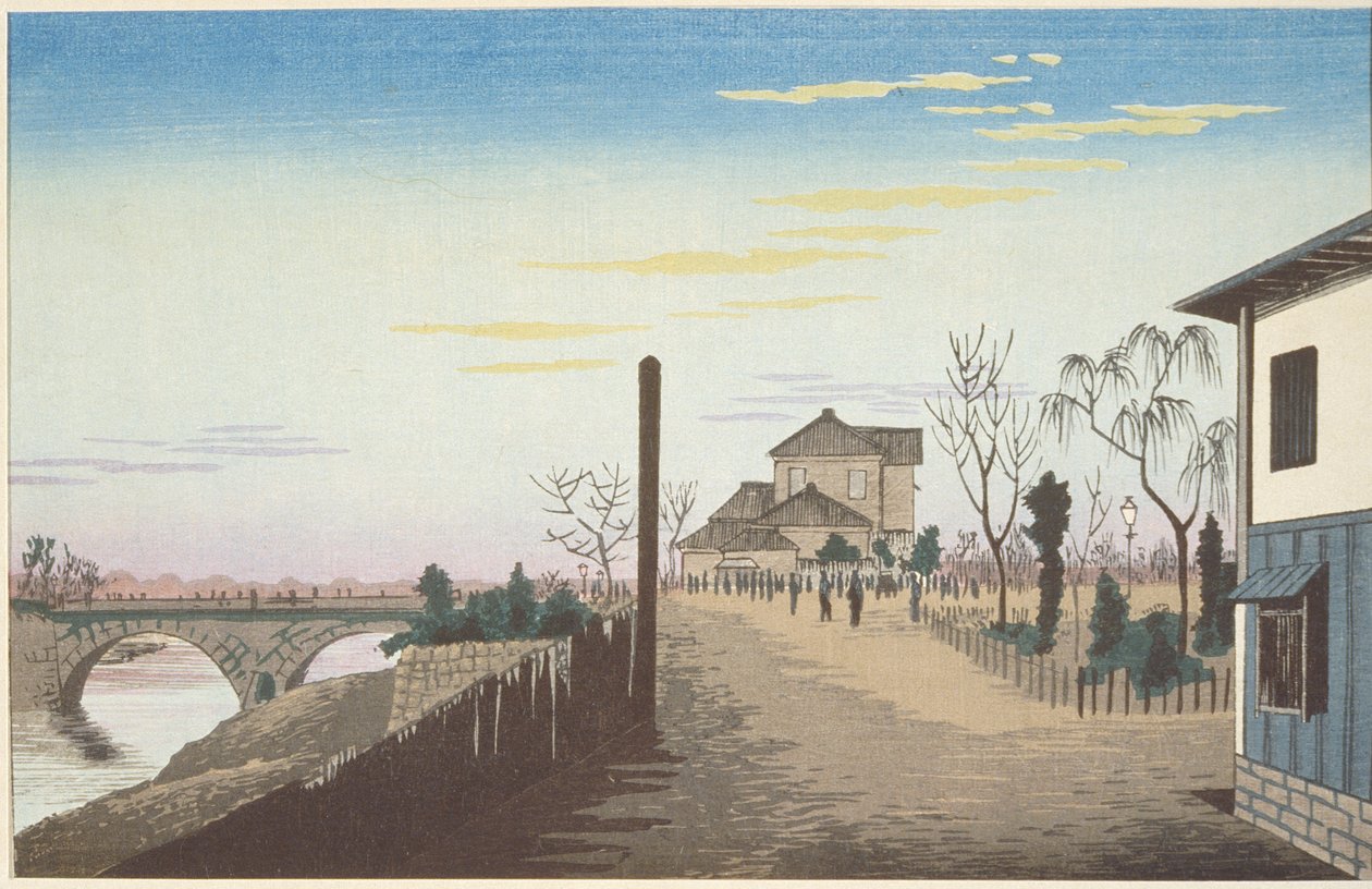 Aufgehende Sonne von der Yorozubashi-Brücke von Kobayashi Kiyochika