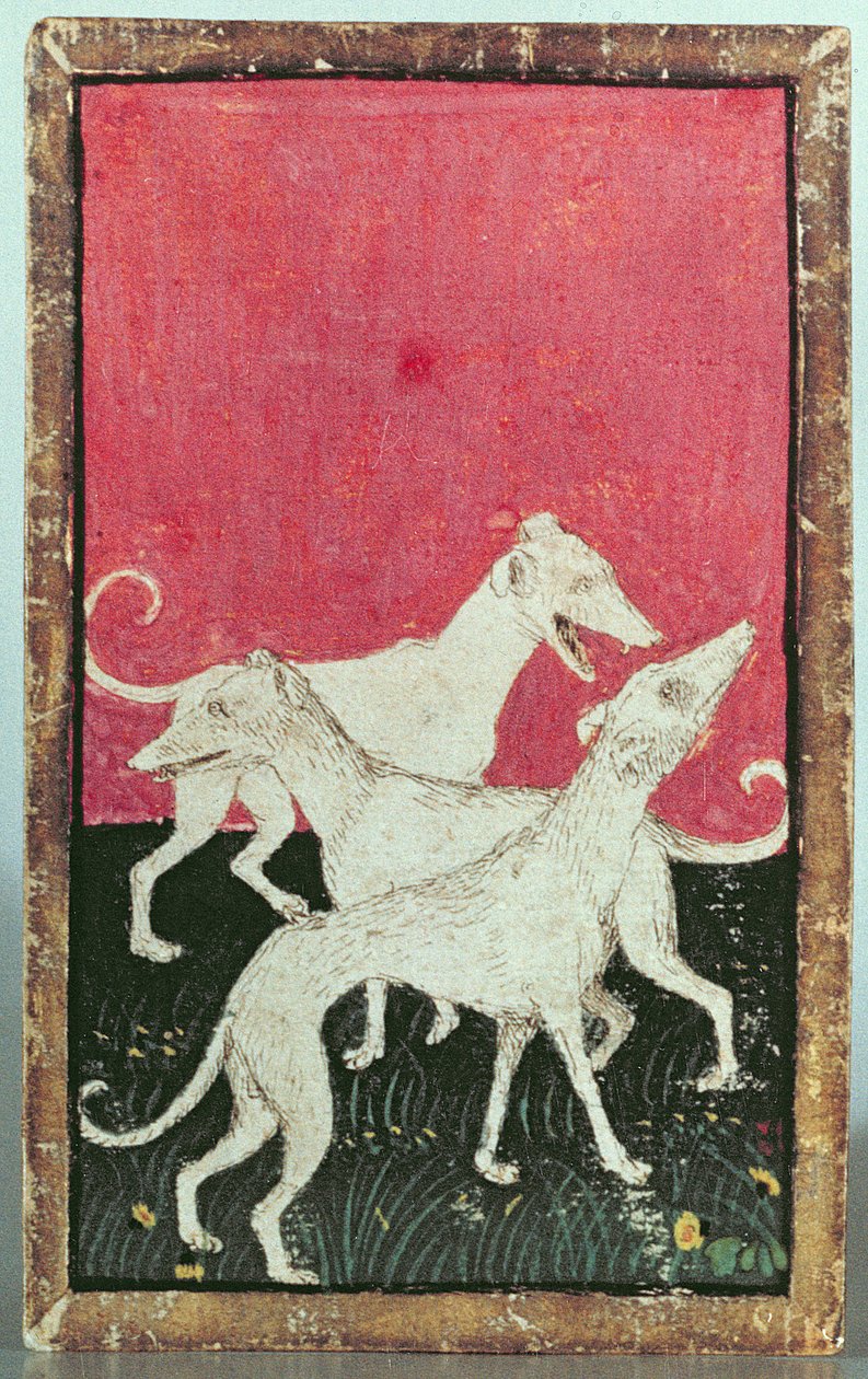 Drei Jagdhunde, eine von einem Kartenspiel darstellende Szenen des höfischen Falknens, Oberrhein-Gebiet, um 1440-45 von Konrad Witz