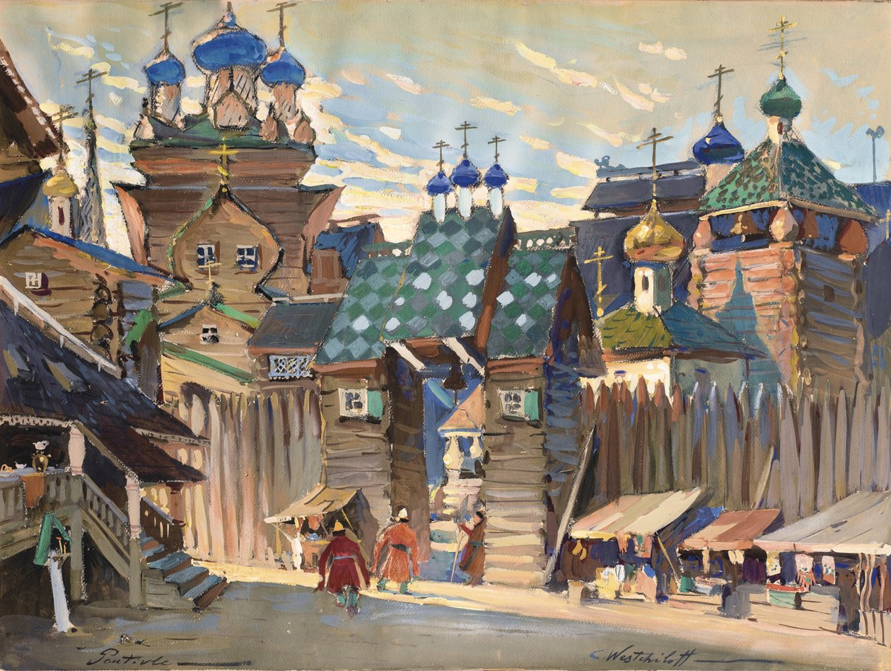 Marktplatz. Bühnenbild für die Oper Fürst Igor von A. Borodin von Konstantin Alexandrovich Veshchilov