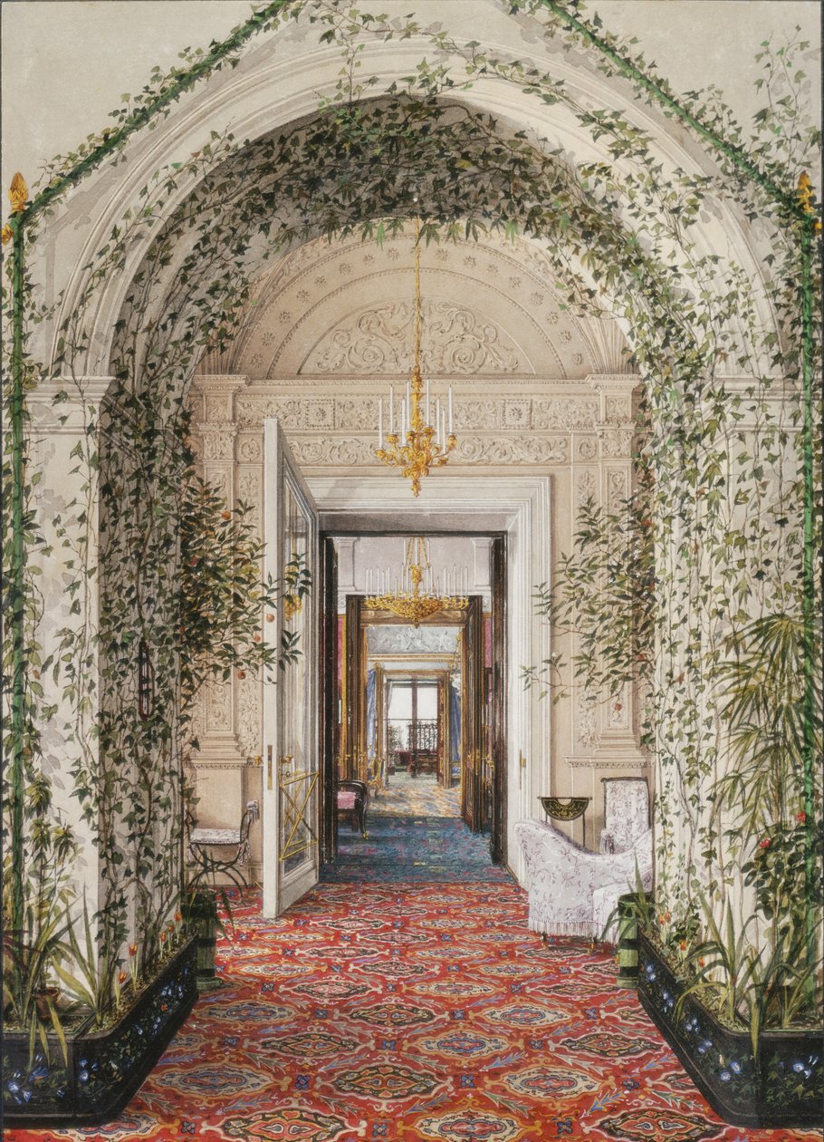 Innenräume des Winterpalastes. Der kleine Wintergarten in den Apartments von Alexandra Fjodorowna, Mitte des 19. Jahrhunderts von Konstantin Andreyevich Ukhtomsky