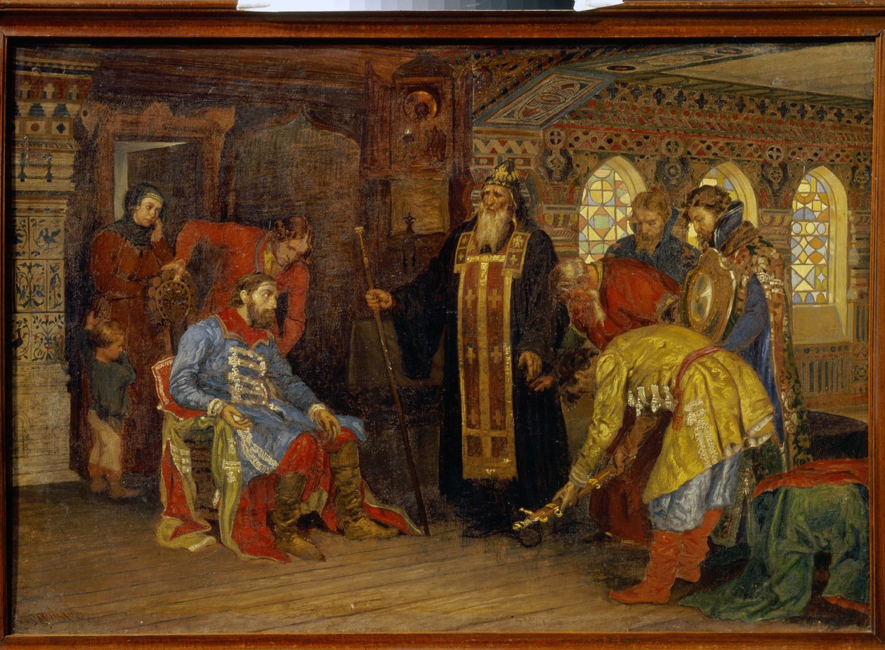 Die Einladung von Prinz Dmitry Pojarski zur Führung der Armeen zur Befreiung Moskaus von Konstantin Apollonovich Savitsky