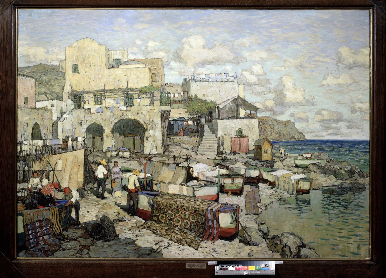 Blick auf die Insel Capri (Italien). Gemälde von Konstantin Ivanovich Gorbatov (1876-1945). Russische Kunst des 20. Jahrhunderts, Realismus. Regionales W. Wereschtschagin Kunstmuseum, Mykolaiv (oder Nikolaiev, Ukraine) von Konstantin Ivanovich Gorbatov