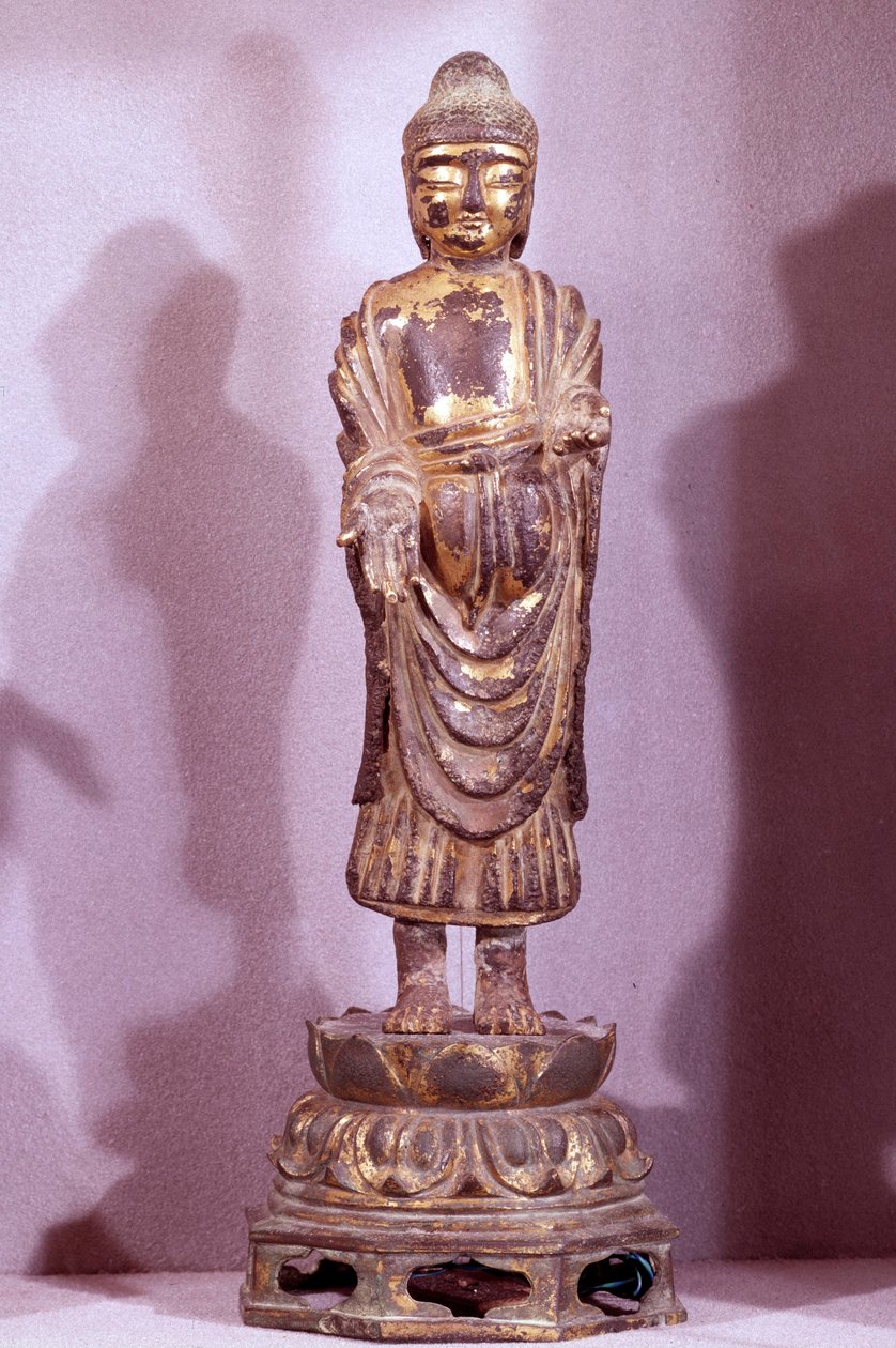 Koreanische Kunst: Buddha-Statuette aus vergoldeter Bronze. Silla-Periode, 8. Jahrhundert. Hyung Pil Chun Sammlung von Korean School