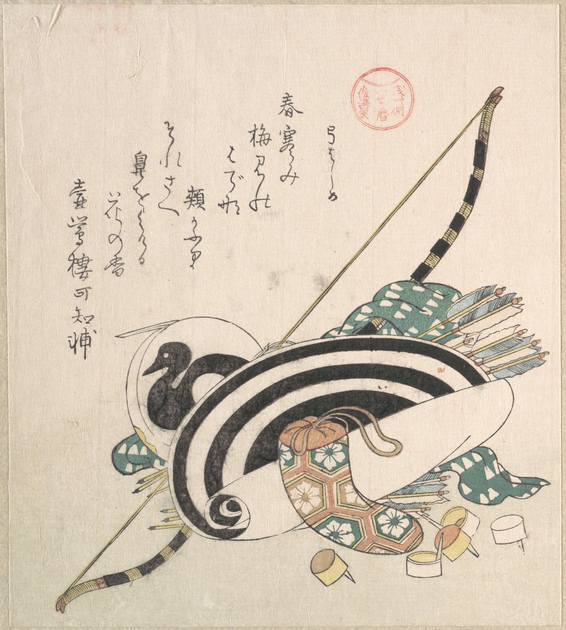 „Bogen, Pfeile, Zielscheibe und andere Ausrüstungen für das Bogenschießen“, aus der Serie Ise-Kalender für die Asakusa-Gruppe (Asakusa-gawa Ise goyomi) aus der Sammlung Frühlingsregen (Harusame shū), Bd. 2 von Kubo Shunman