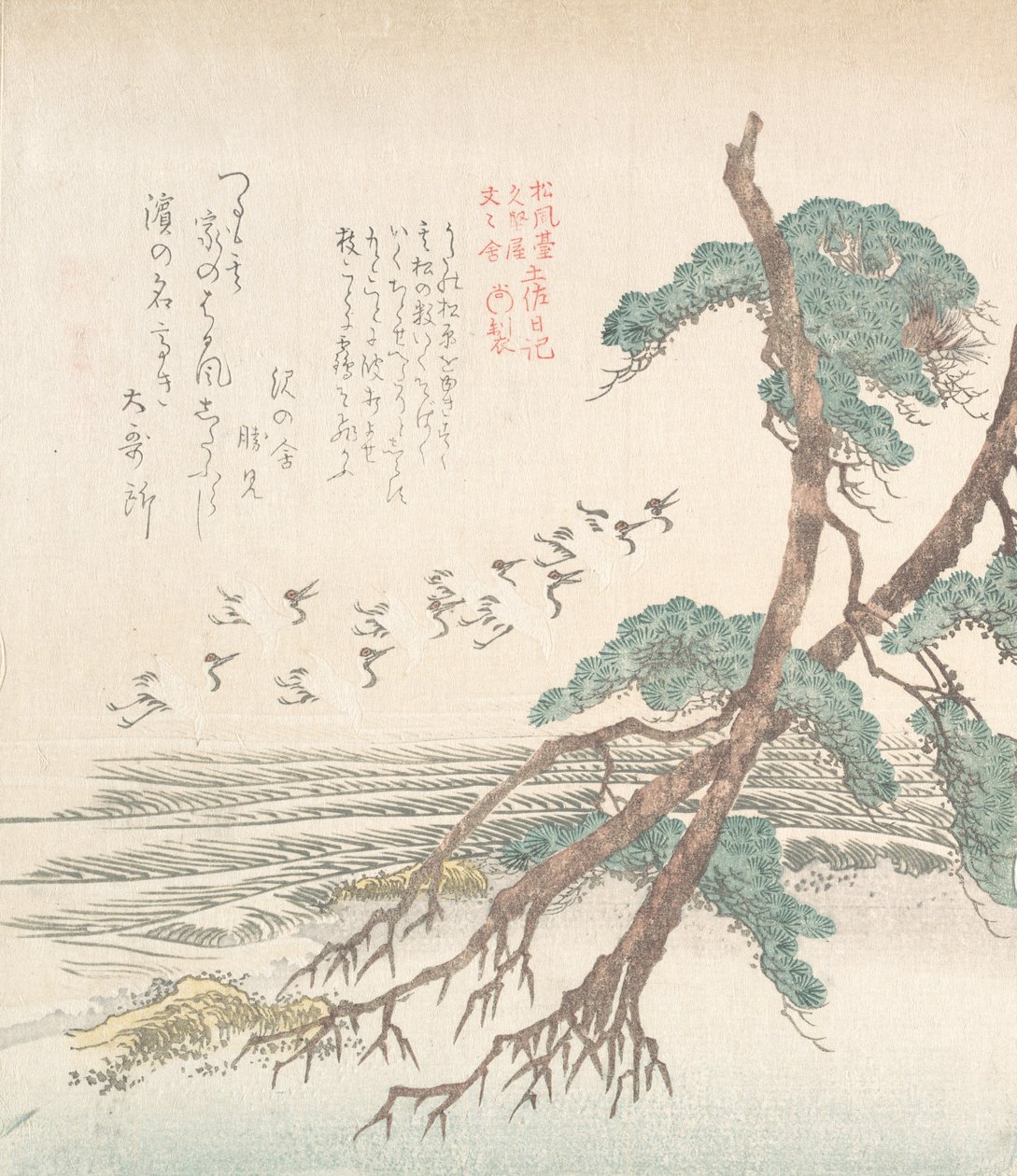 Meereslandschaft mit Kiefern und fliegenden Kranichen, 19. Jahrhundert von Kubo Shunman