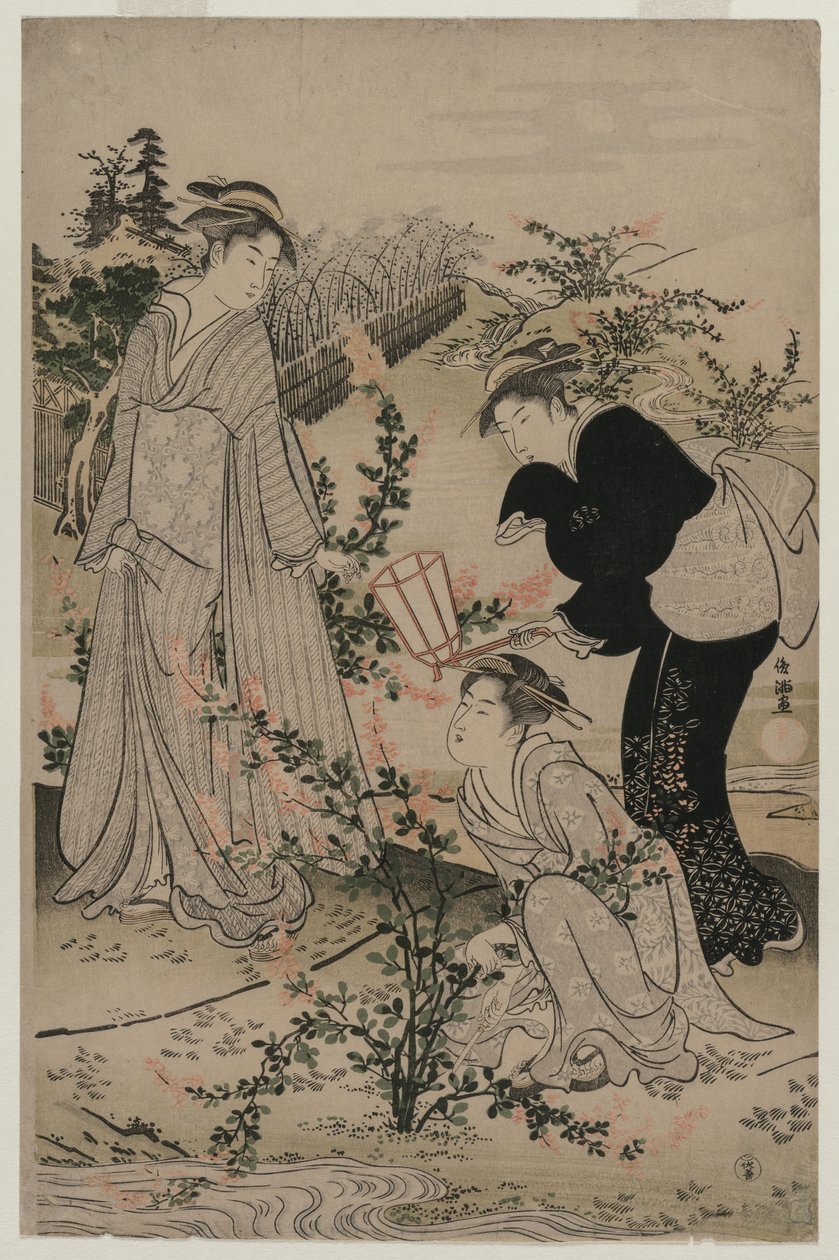 Frauen schneiden Zweige von Buschkleeblättern, Der Noji Tama Fluss in der Provinz Omi, späte 1780er Jahre von Kubo Shunman