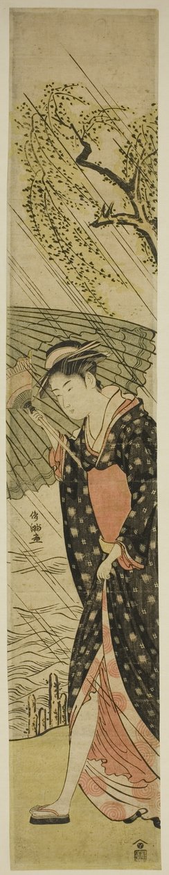 Junge Frau, die bei Regen am Flussufer spaziert von Kubo Shunman