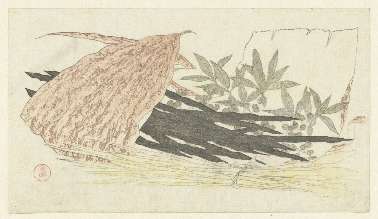 Bambusblatt mit Kombu, Klettenwurzeln und Nandina von Kubota Shunman