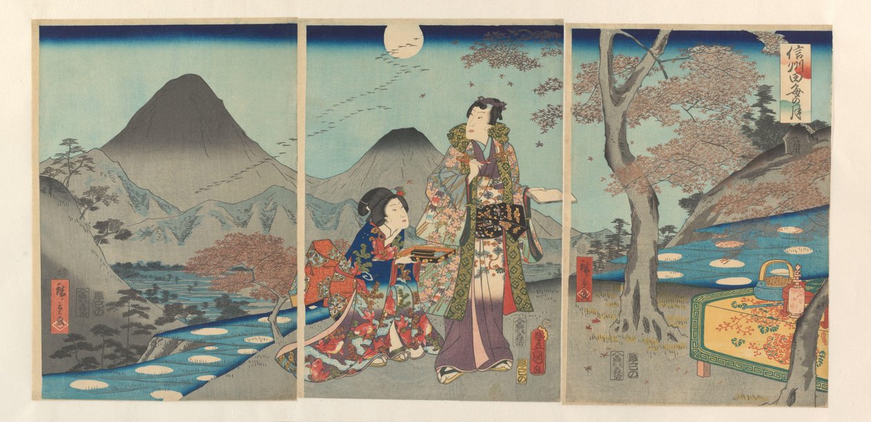 Der Mond, reflektiert in den Reisfeldern von Shinano von Kunisada (II) , Utagawa