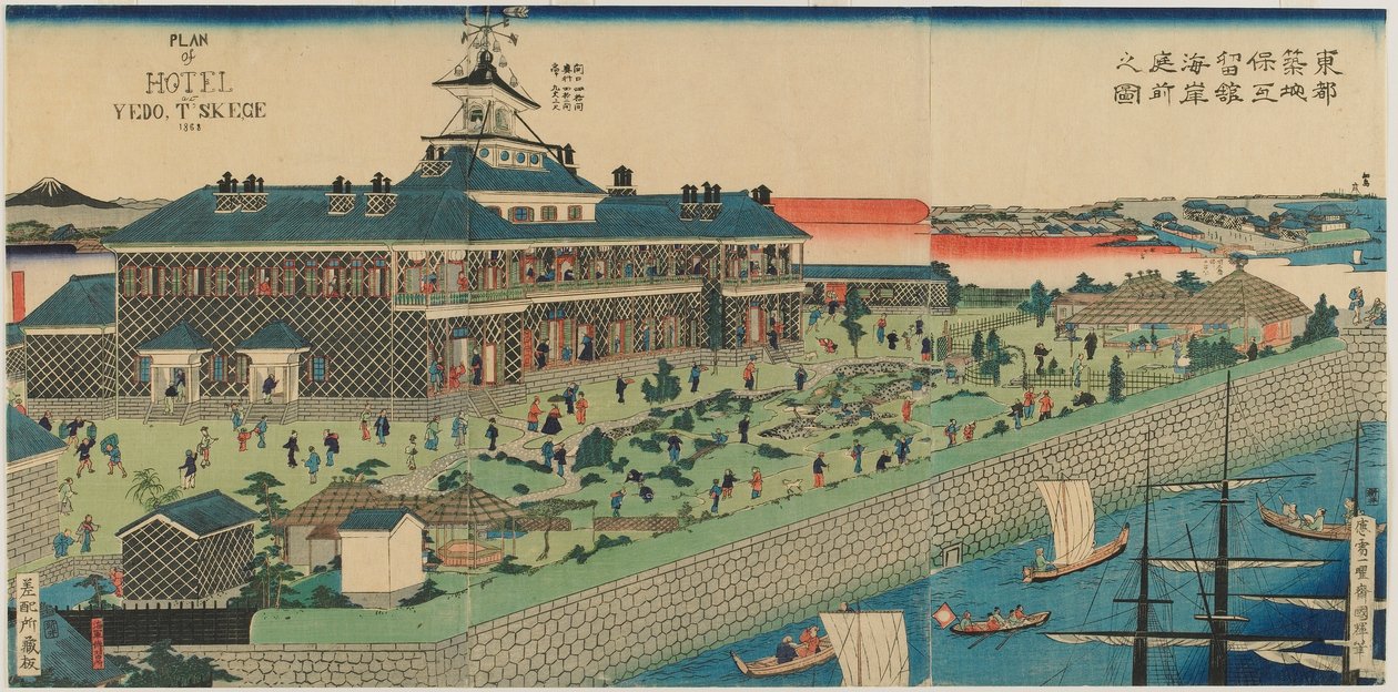 Der Küstengarten des Tsukiji Hotels in der östlichen Hauptstadt, Meiji-Ära, 1868 von Kuniteru II Utagawa
