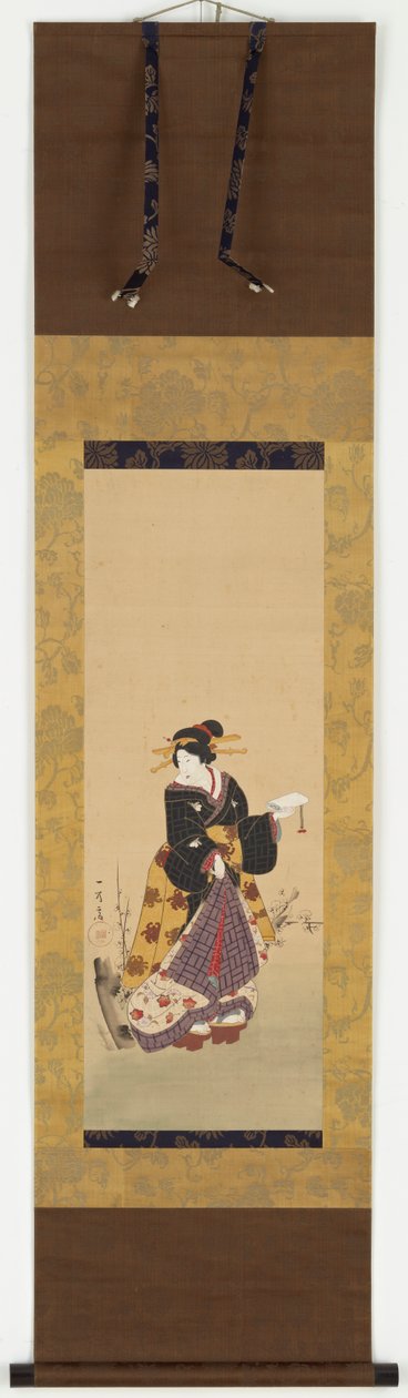 Eine Oiran steht neben einem Pflaumenbaum, Mitte des 19. Jahrhunderts von Kuniyuki Utagawa