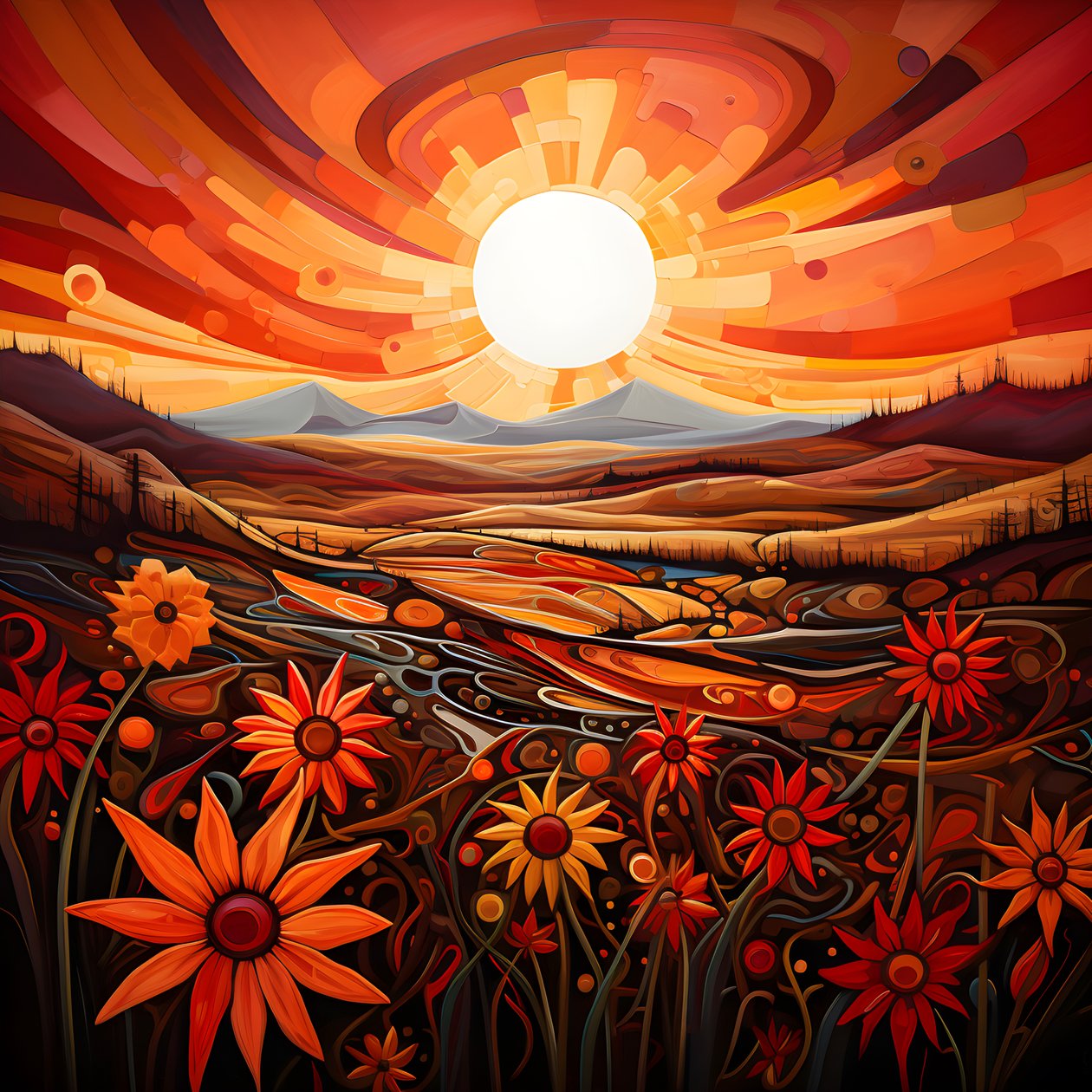 Abstrakte Landschaftskunst mit einem Feld von Wildblumen und einer kräftigen roten Sonne 4 von Kurt Heppke
