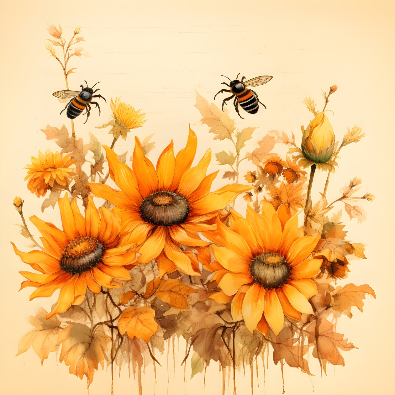 Aquarell Sonnenblumen und Bienen Silhouetten von Kurt Heppke
