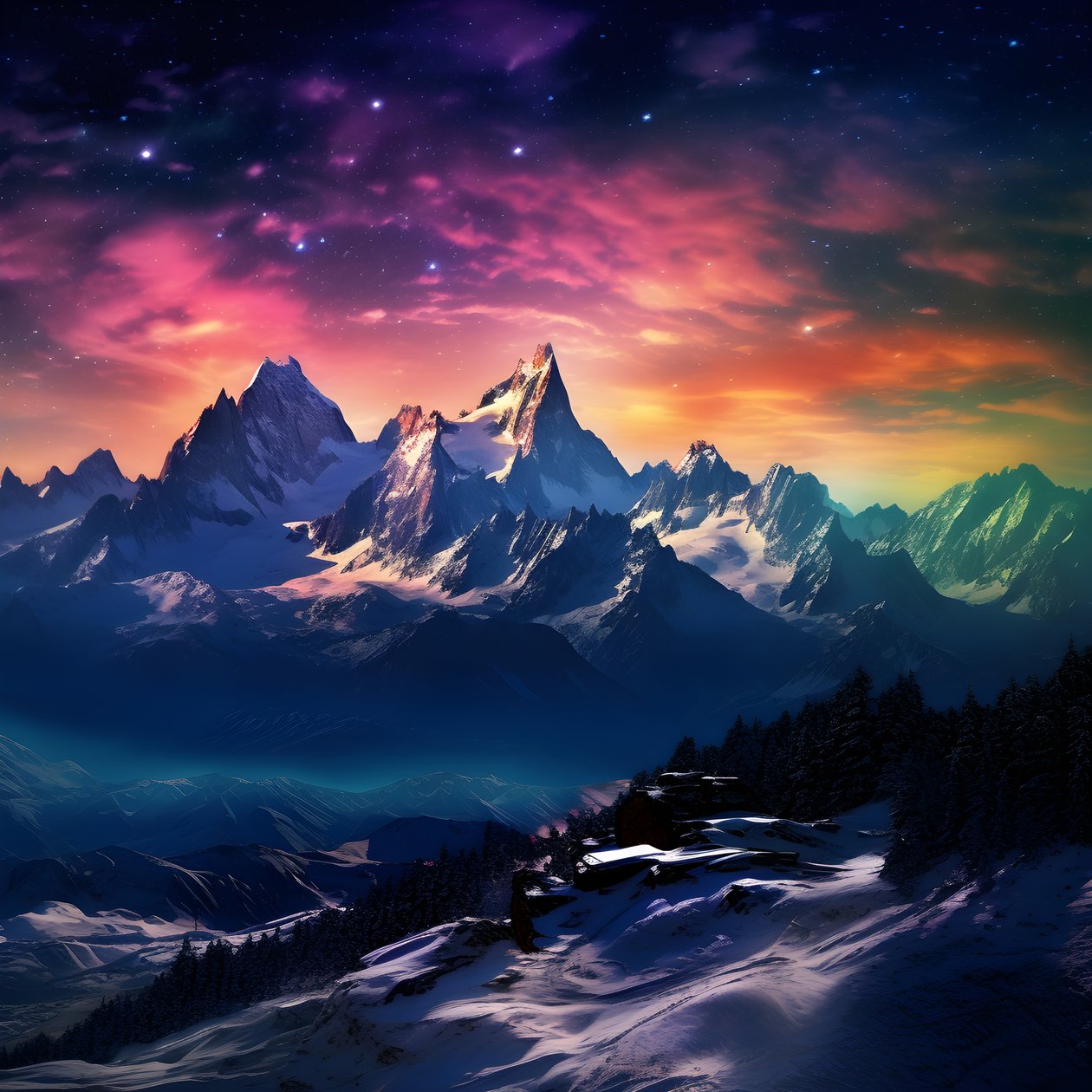 Die schneebedeckten Gipfel der Alpen leuchten wie ein Regenbogen in der Nacht 1 von Kurt Heppke