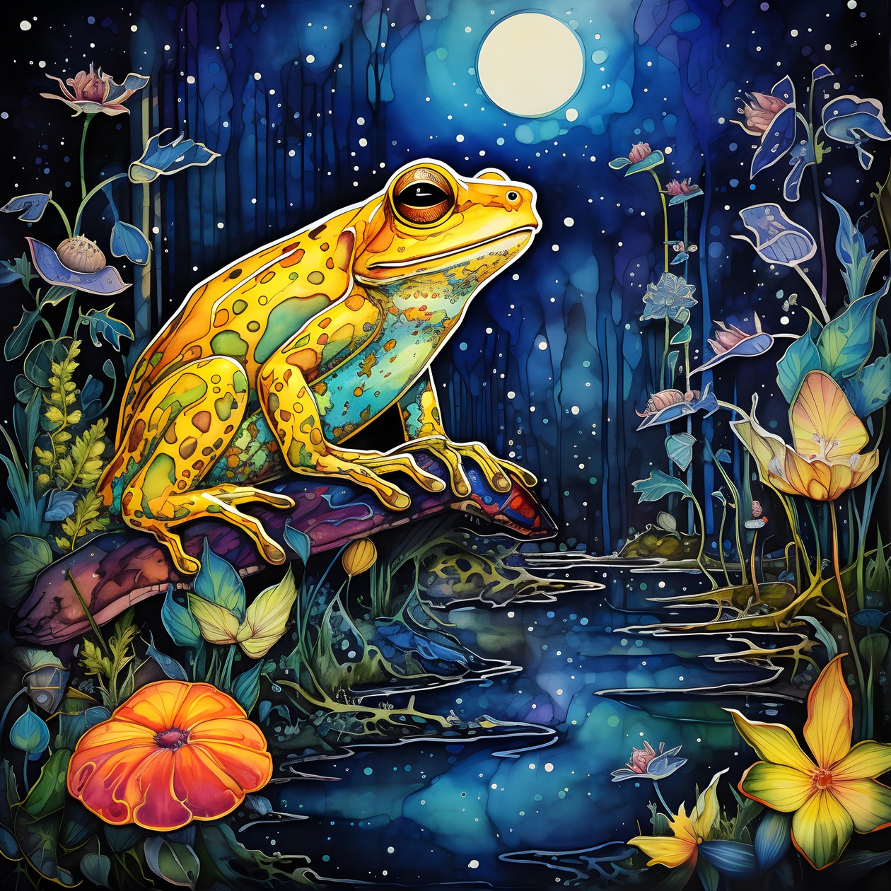 Gelber Frosch im Wald, Mond, Fluss von Kurt Heppke