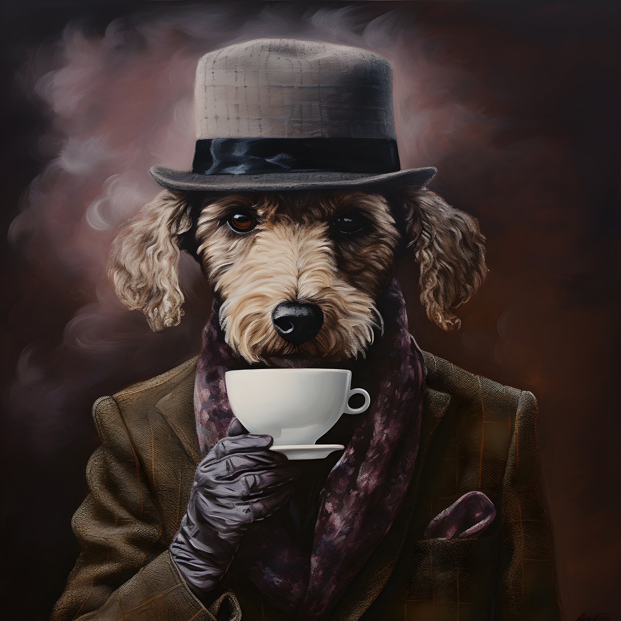 Ein kultivierter Pudel trinkt eine Tasse Tee, trägt einen Rollkragen und eine flache Mütze, rauchiger Hintergrund 3 von Kurt Heppke