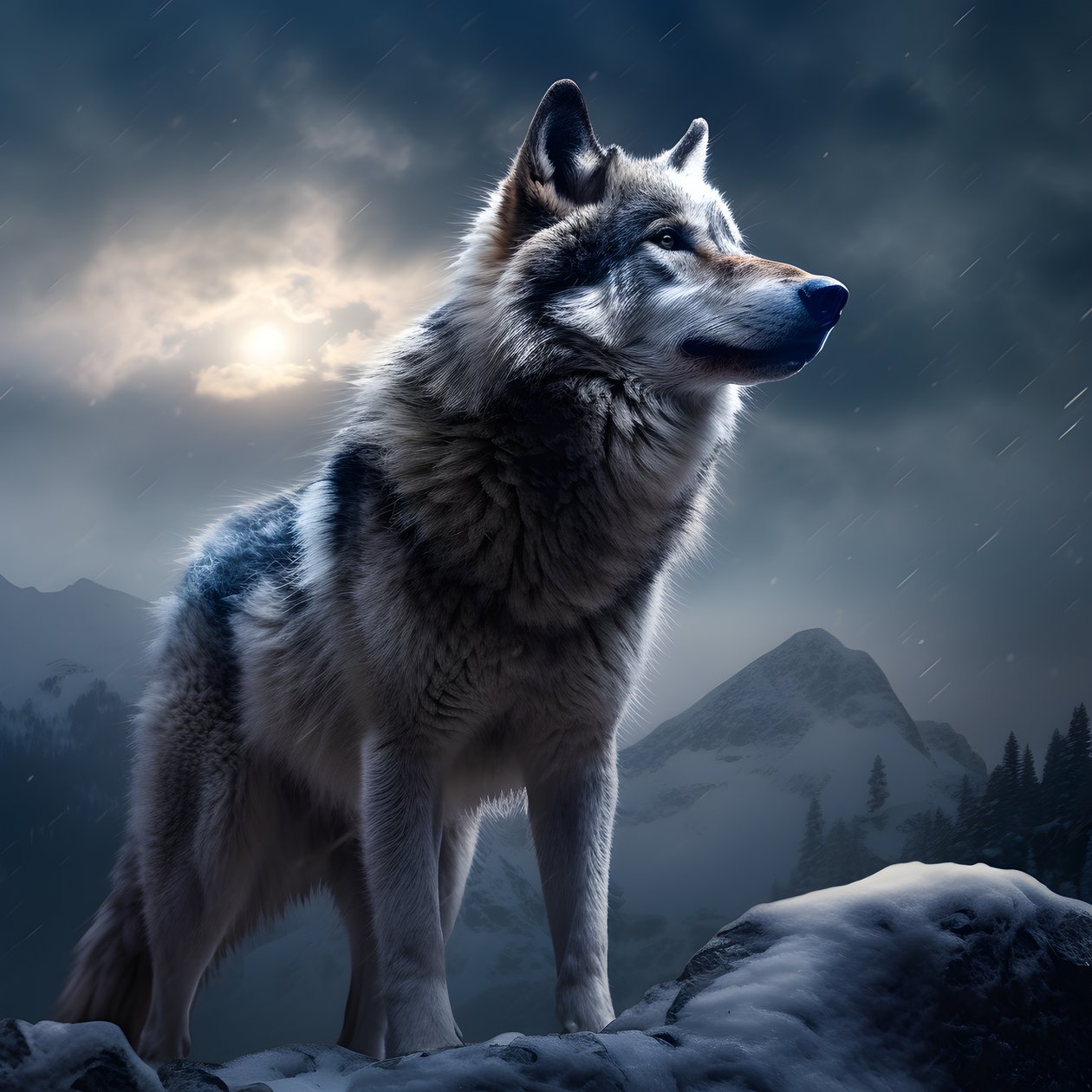 Ein majestätischer grauer Wolf steht auf einem schneebedeckten Berggipfel 4 von Kurt Heppke