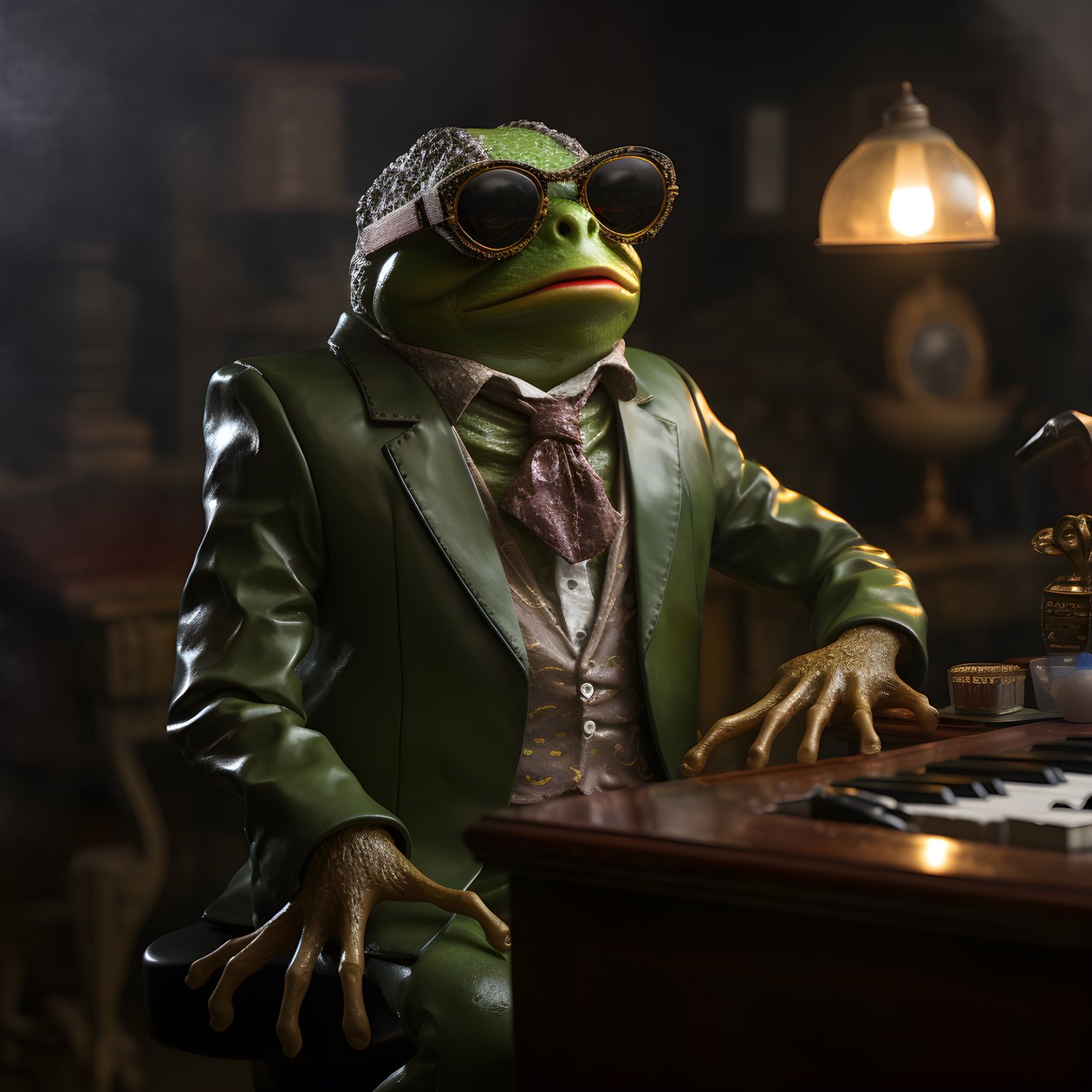 Elton John als Frosch mit Sonnenbrille und Klavier von Kurt Heppke
