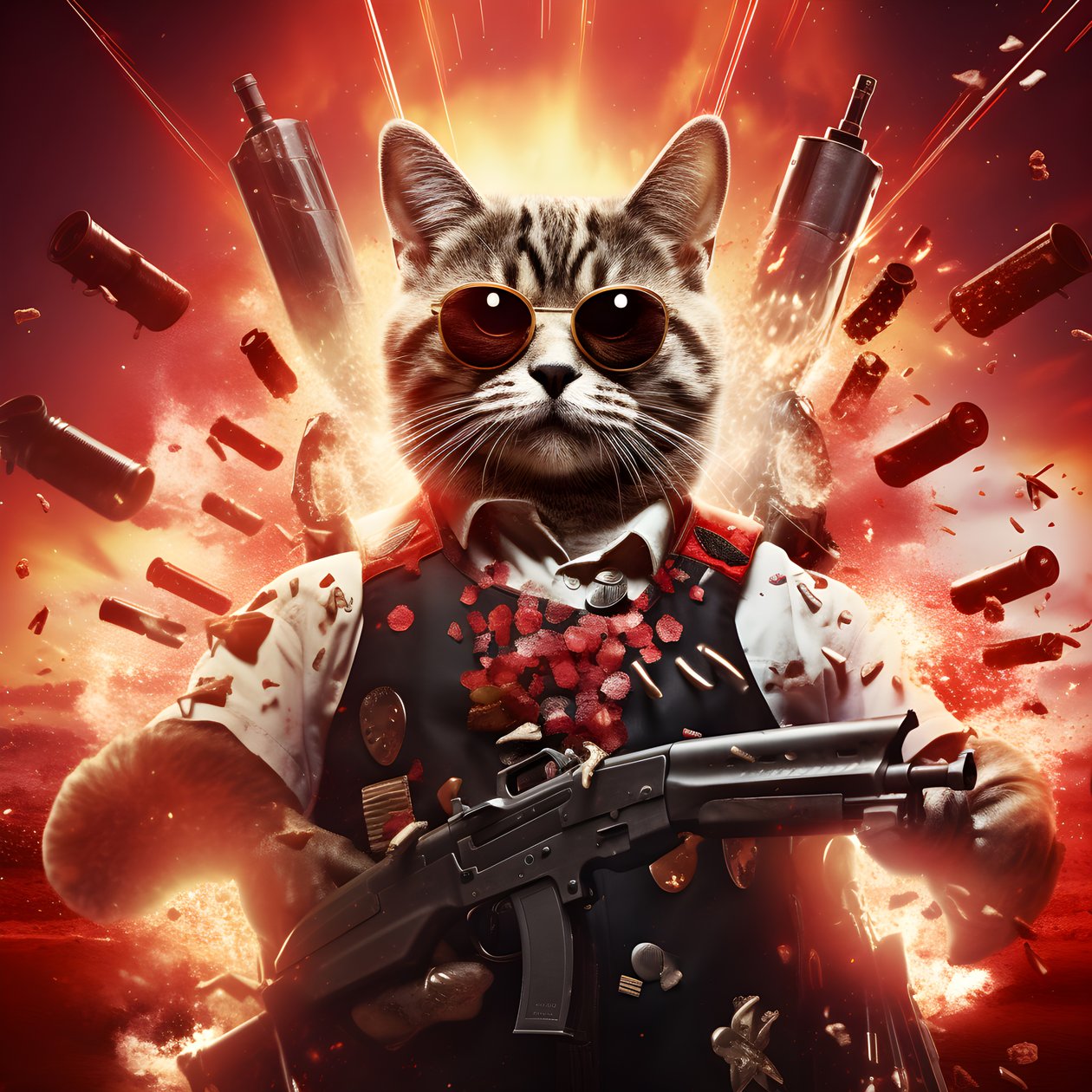 Filmplakat einer Katze, die ein schwarz-weiß gepunktetes Hemd und eine glänzende Sonnenbrille trägt, mit Explosionen und Kanonen im Hintergrund von Kurt Heppke