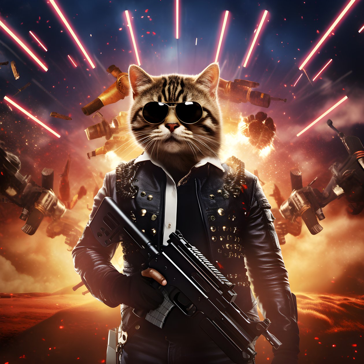Filmplakat einer Katze, die ein schwarz-weiß gepunktetes Hemd und eine glänzende Sonnenbrille trägt, mit Explosionen und Kanonen im Hintergrund von Kurt Heppke