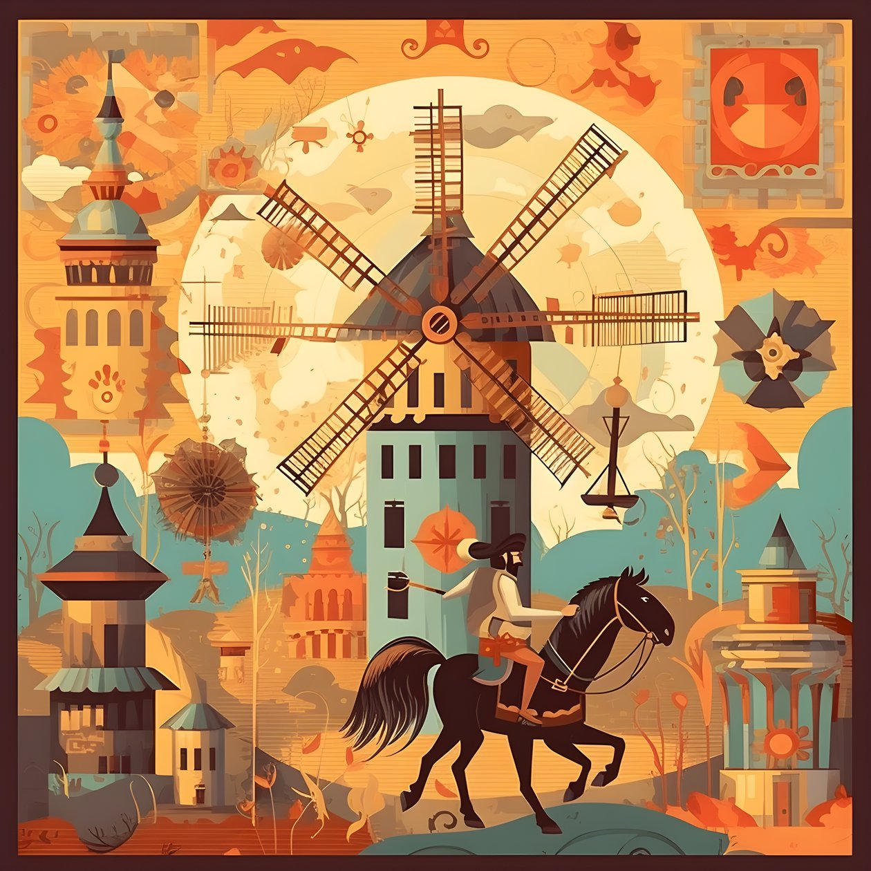 Hintergrund Don Quijote ganz rechts auf seinem Esel so klein wie ein Schatten, vor den Windmühlen, eine passende Kulisse 1 von Kurt Heppke