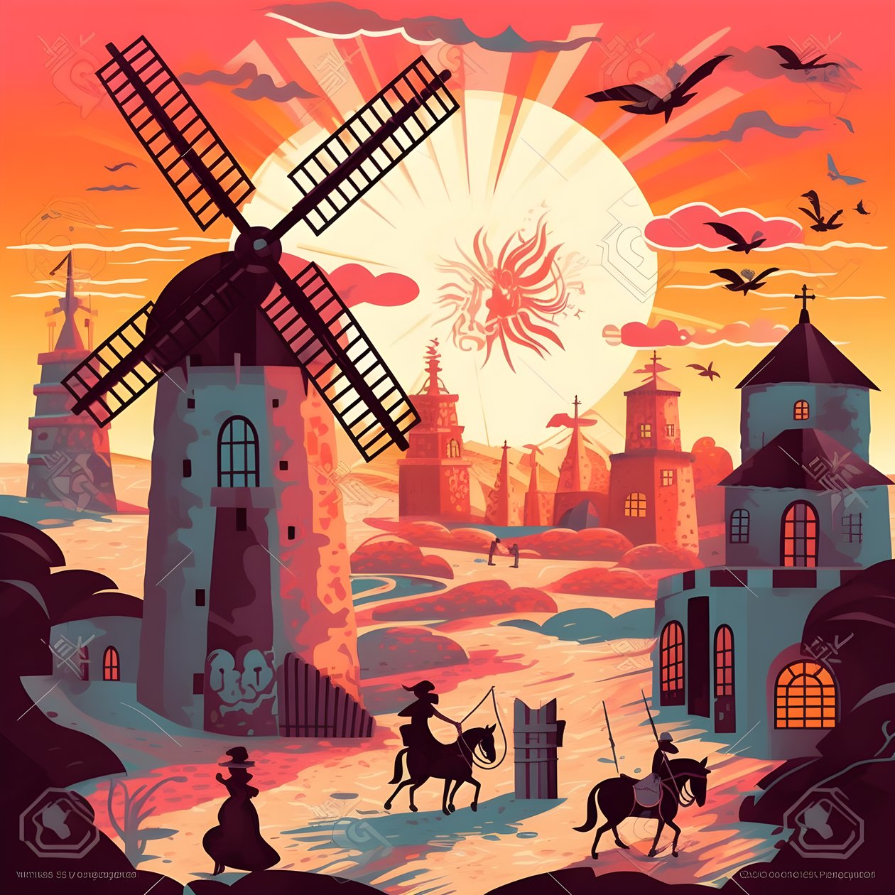 Hintergrund Don Quijote ganz rechts auf seinem Esel so klein wie ein Schatten, vor den Windmühlen, eine passende Kulisse 2 von Kurt Heppke