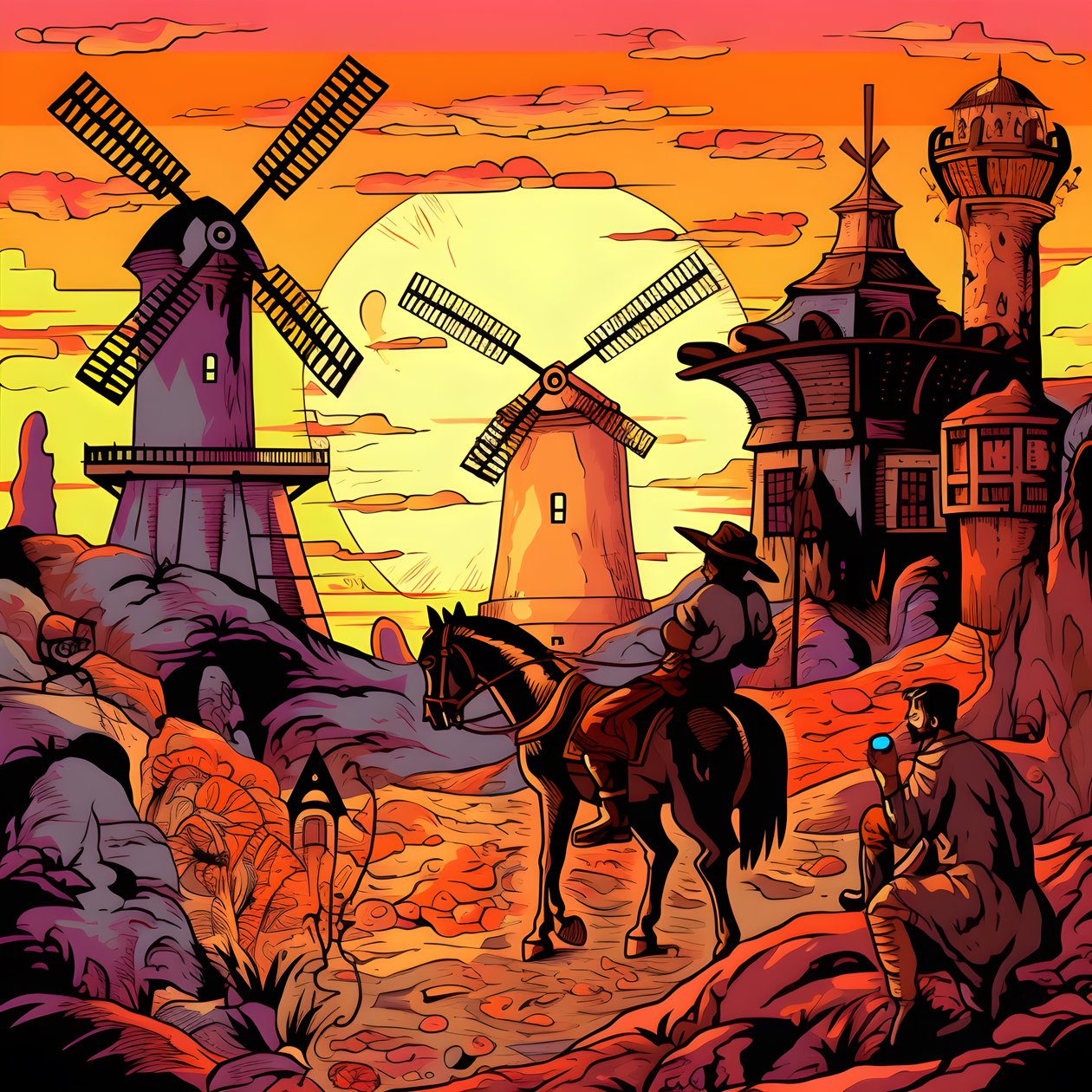 Hintergrund Don Quijote ganz rechts auf seinem Esel so klein wie ein Schatten, vor den Windmühlen, eine passende Kulisse 3 von Kurt Heppke