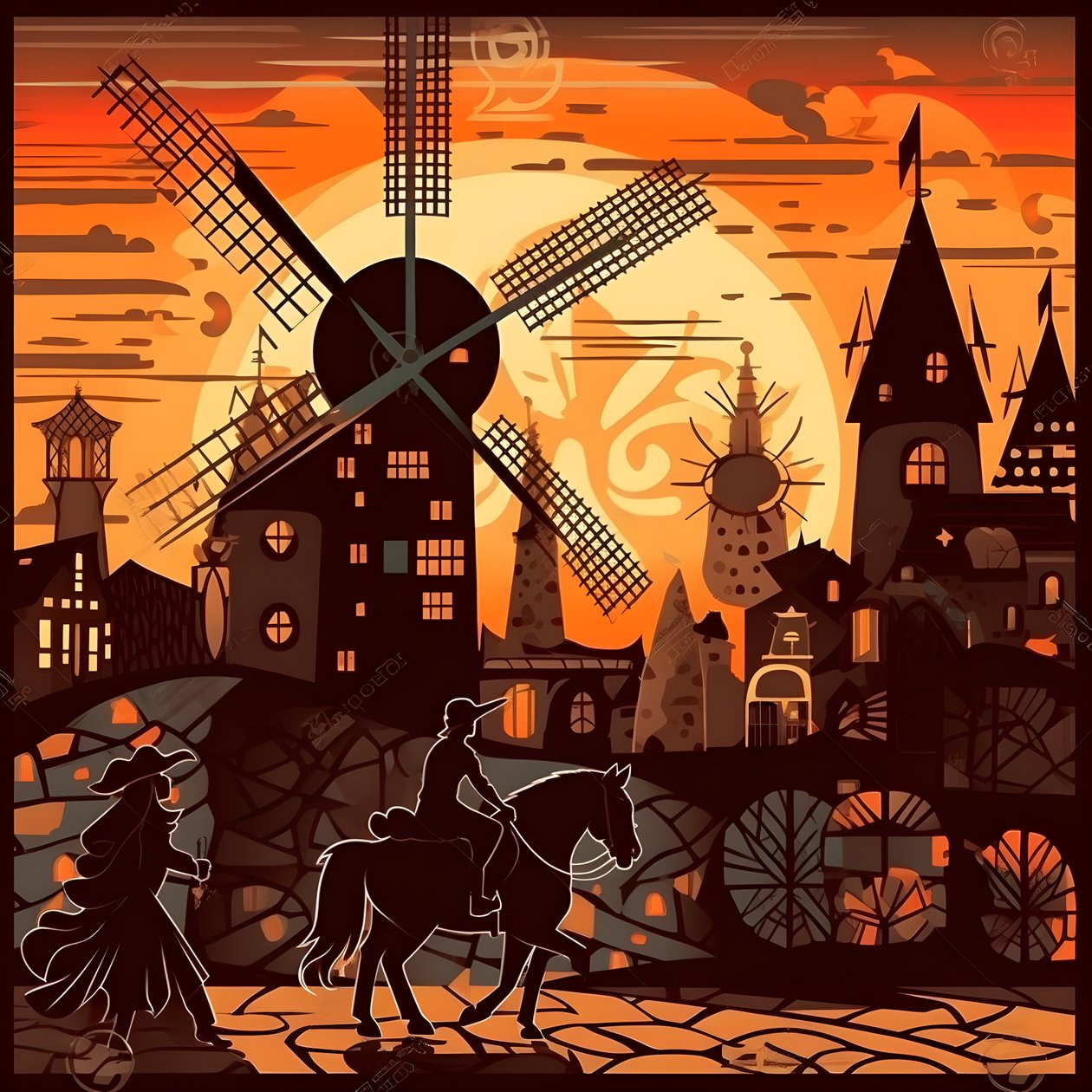 Hintergrund Don Quijote ganz rechts auf seinem Esel so klein wie ein Schatten, vor den Windmühlen, eine passende Kulisse 4 von Kurt Heppke