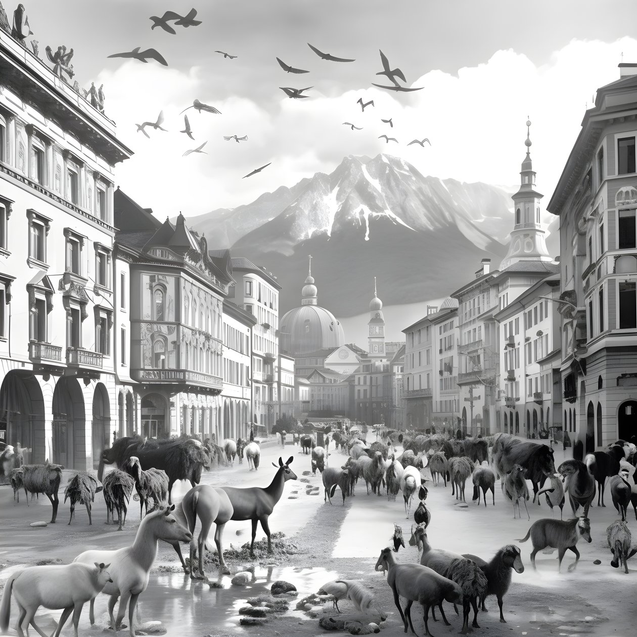 Innsbruck in einer alten Fotografie mit eleganten Zebras, Möwen, Affen und Tonfiguren. 2 von Kurt Heppke