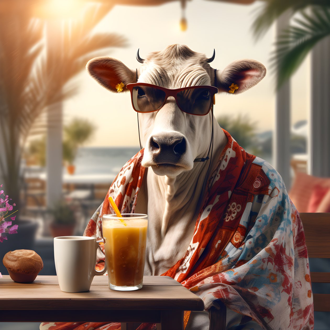 Kuh mit Sonnenbrille und Blick auf kalten Kaffee von Kurt Heppke
